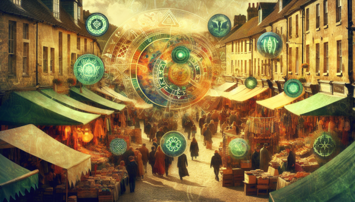 Vibrant Glastonbury marketplace scene with customized online interface: earthy greens, golds, rune-like typography, and mystical stone imagery.