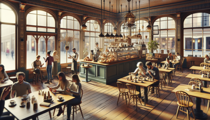 In a sunlit Cirencester café, a barista posts vibrant Instagram photos of fresh pastries and lattes as locals engage on phones at wooden tables.