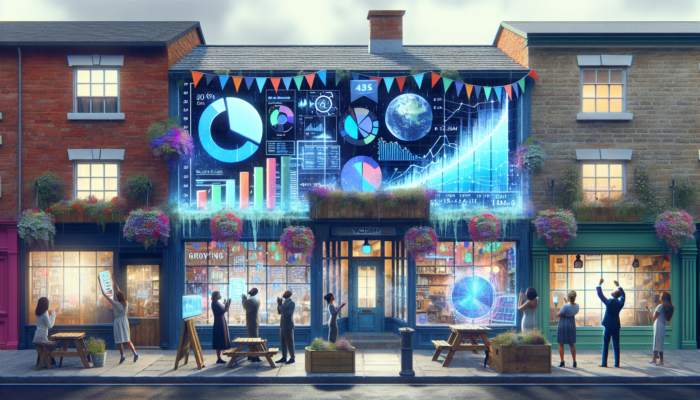 Quaint Westbury street scene: small shops with glowing screens showing rising SEO graphs and smiling owners celebrating growth.