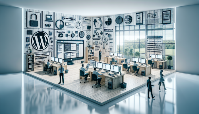 Designers in a modern Fairford office collaborating on WordPress websites, with screens showing responsive layouts, security icons, and accessibility tools.