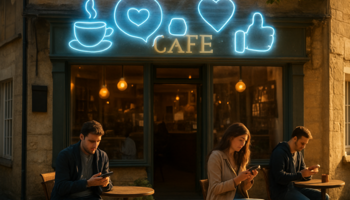 Quaint Cirencester café storefront with holographic "best coffee Cirencester" keywords, social media icons, and customers scrolling phones.