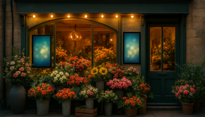 Vibrant Cirencester florist shop with seasonal flower arrangements and digital customer testimonials.