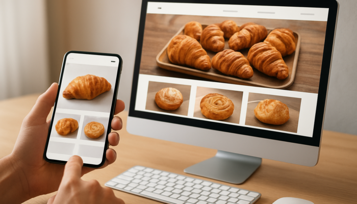 Website Redesign in Glastonbury: Responsive Glastonbury bakery website on smartphone, tablet, and desktop, featuring fresh pastries and intuitive navigation.