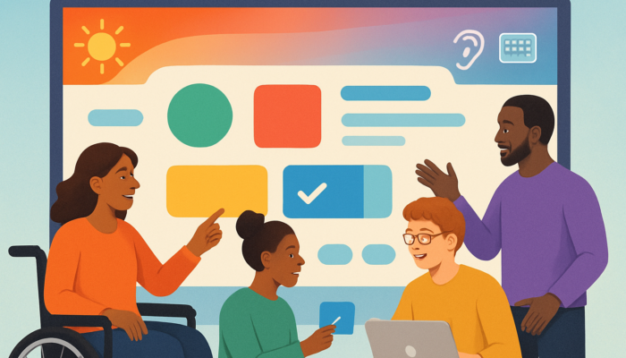 Vibrant Glastonbury business website with interactive quizzes, surveys, and accessibility icons for diverse users.