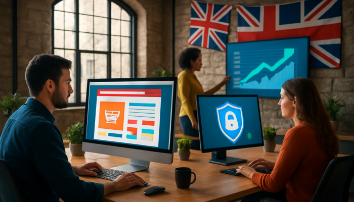 Ecommerce Development Company in Chipping Sodbury: Modern office in Chipping Sodbury: designers building ecommerce sites with UK payments, analyzing SEO graphs, and Union Jack flags.