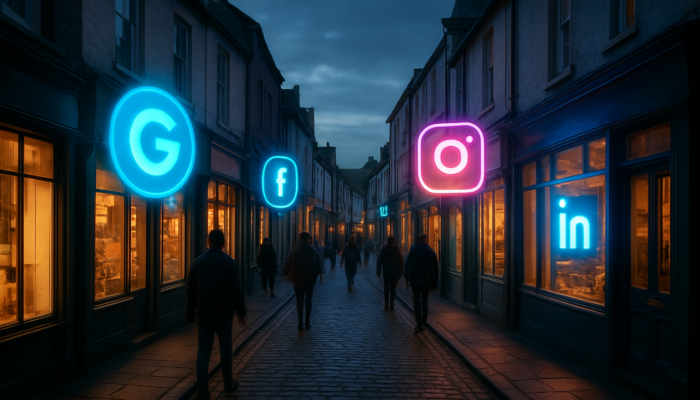 Digital Marketing in Totnes: Bustling Totnes street with small business storefronts featuring holographic Google, Facebook, Instagram, and LinkedIn icons.