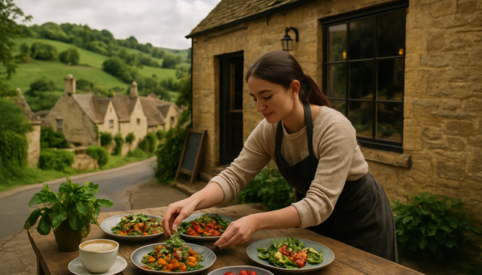 Content Creation in Painswick: Barista arranging vibrant seasonal dishes on rustic table in cozy Cotswolds café, amid green hills.