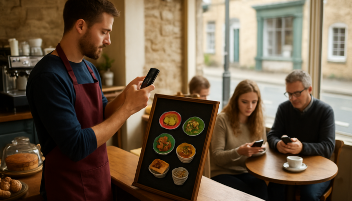 Social Media Management in Wincanton: Barista in bustling Wincanton café photographing vibrant specials for Instagram, locals scrolling phones.