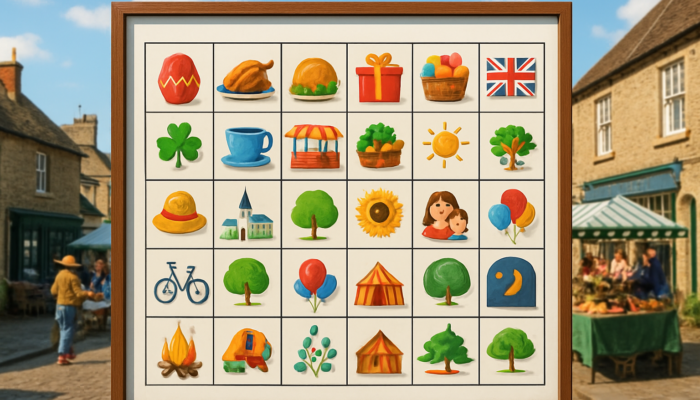 Vibrant Wincanton calendar grid with UK holidays, local markets, and community events in a sunny British village.