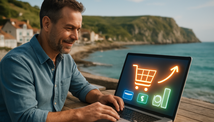 E-commerce Marketing in Swanage: shop owner managing Shopify on laptop with glowing payment icons by seaside cliffs.