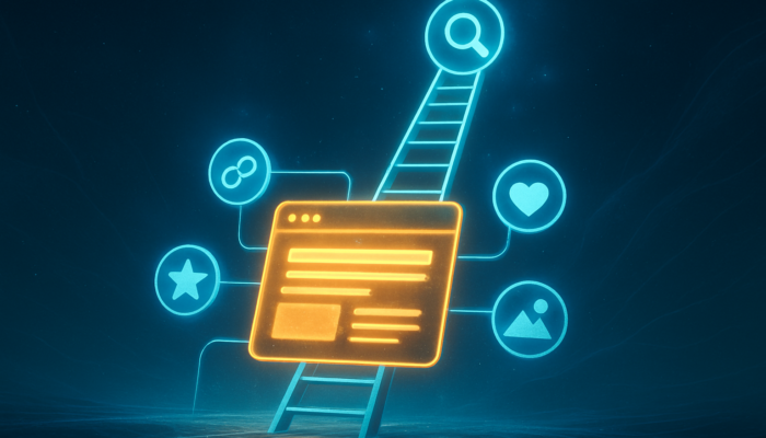 Website climbing SEO ladder with glowing backlinks and content icons, symbolizing growth for small businesses.