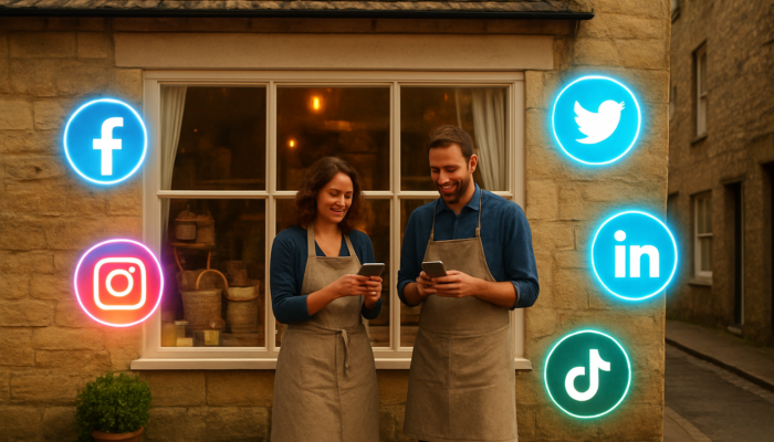 Social Media Management in Painswick: Quaint Painswick shopfront with glowing Facebook, Instagram, Twitter, LinkedIn, and TikTok icons, owners engaging customers on smartphones.