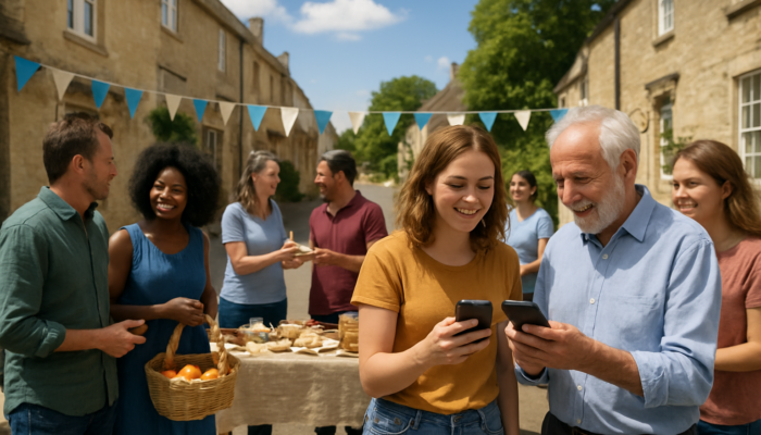 Vibrant Painswick street scene: small business owners host community giveaway, locals smiling and sharing content on phones.