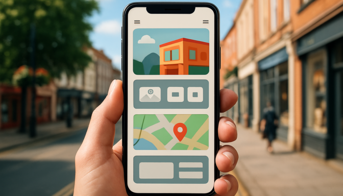 Mobile Website Design in Stroud: Modern smartphone showing responsive Stroud business website with navigation and local maps.