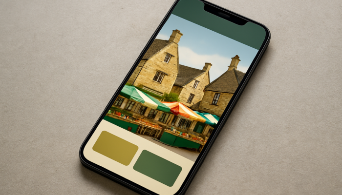 Stroud small business mobile website on smartphone: Cotswold buildings, vibrant market stalls, green and gold UI.