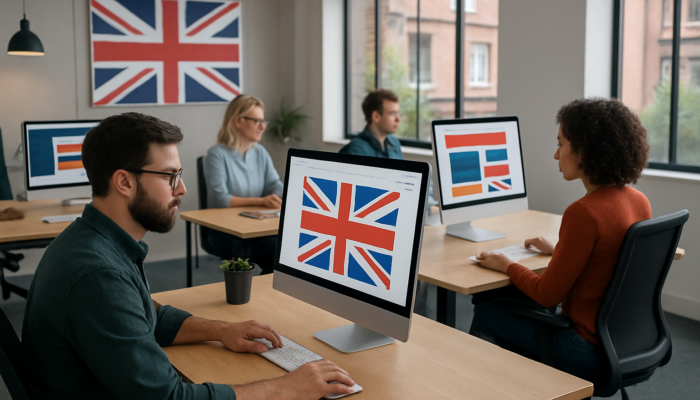WordPress Website Design Agency in Kingsbridge: Modern UK design agency office with professionals creating bespoke WordPress sites featuring Union Jack motifs.