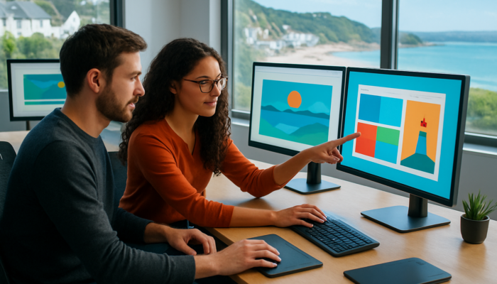 Web designers collaborating in a modern Kingsbridge office with vibrant WordPress screens and coastal views.