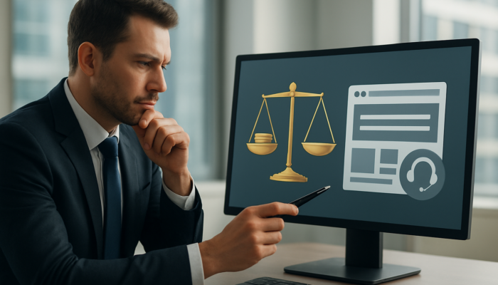 Analyst in UK office reviews website pricing charts, balancing coins against custom designs and support icons.