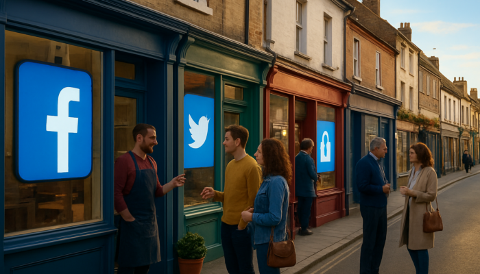Social Media Management for Blandford Small Businesses: Vibrant Blandford Forum street with small shops featuring social media icons and secure community engagements.