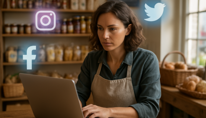 Blandford small business owner managing social media on laptop with Instagram, Facebook, and Twitter icons.