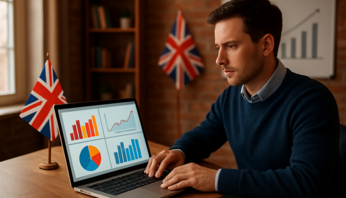 Entrepreneur analyzing social media graphs of engagement and growth in Blandford office with UK flags.