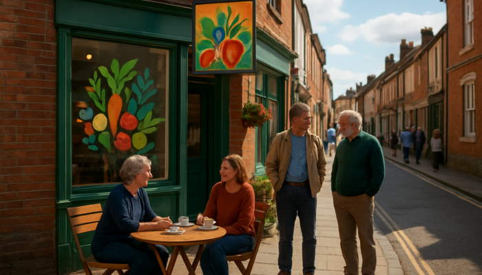 Vibrant Blandford Forum café with colorful sign for local organic ingredients, locals chatting outside.