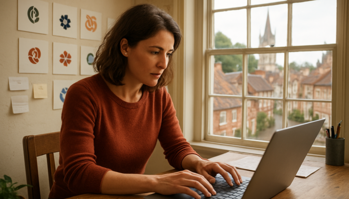 Focused copywriter in Blandford Forum office, typing on laptop amid small business logos and historic views.