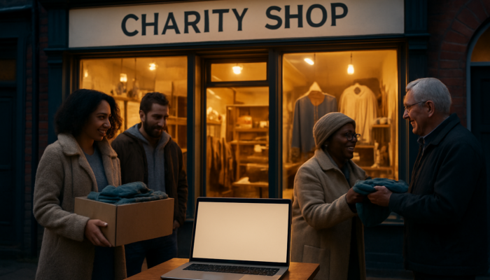 Quaint UK charity shop at dusk, with laptop displaying mission copy as diverse locals donate.