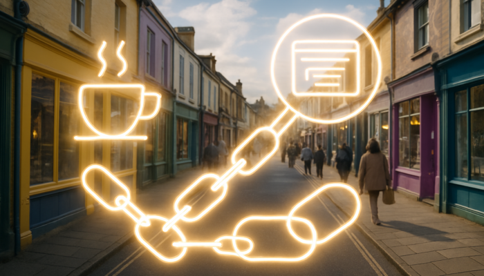 Bustling Lydney street with colorful shops, glowing "best coffee" keywords, luminous backlink chains, and a magnifying glass on optimized sites.