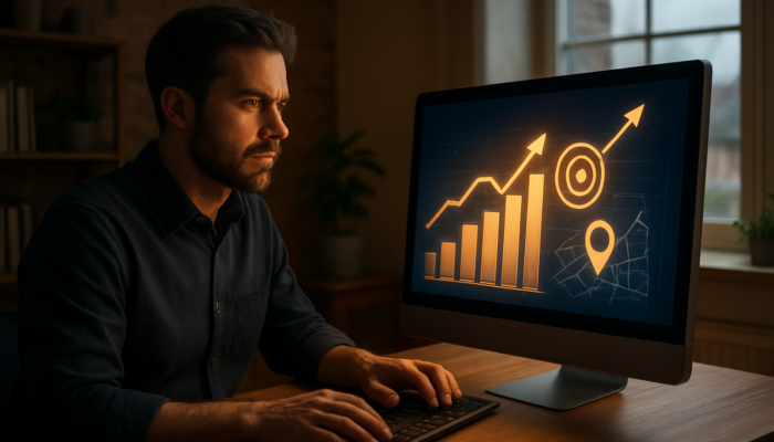 E-Commerce SEO in Clevedon: Entrepreneur analyzing SEO keywords on computer in Clevedon office, surrounded by graphs and traffic icons.