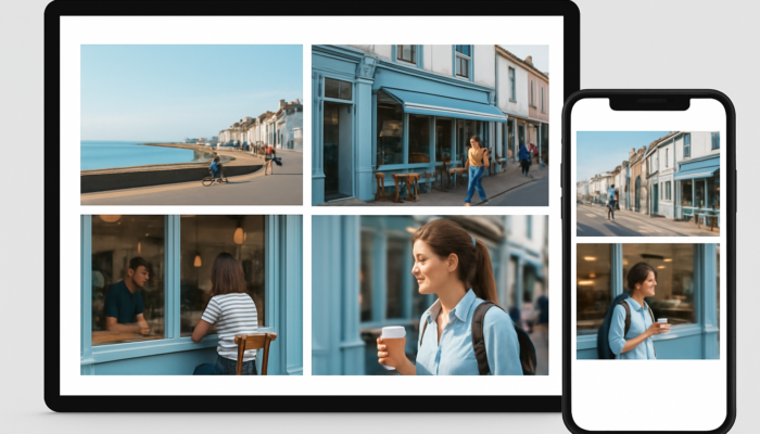 Responsive Portishead café website adapting from desktop to mobile, with resizing images and coastal shopfronts.