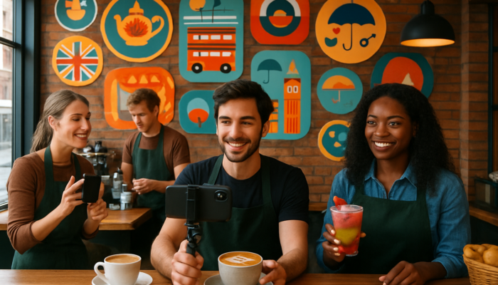 Content Creation in Portland: Bustling London café baristas filming colorful Instagram videos of specials amid UK event infographics.