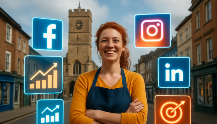 Vibrant Devizes business owner surrounded by screens with social media icons, SEO charts, and Google Ads.