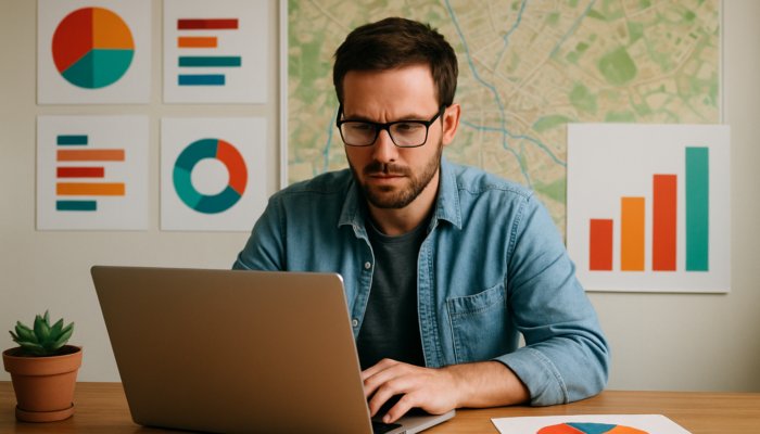 Small business owner in Devizes analyzes demographic charts on laptop with town map background.