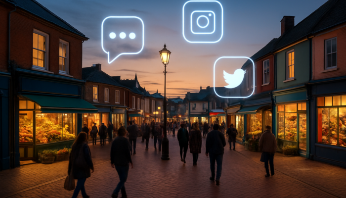 Bustling Poole town square at dusk with colorful shops and overlaid Facebook, Instagram, Twitter icons.