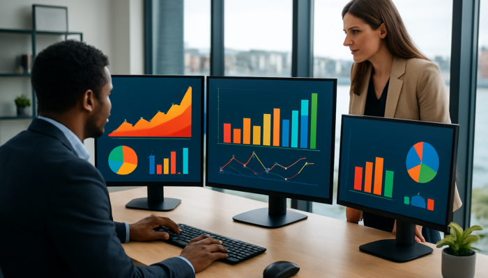 Small business owners in a modern Poole office analyze vibrant social media dashboards with rising engagement and conversion graphs.
