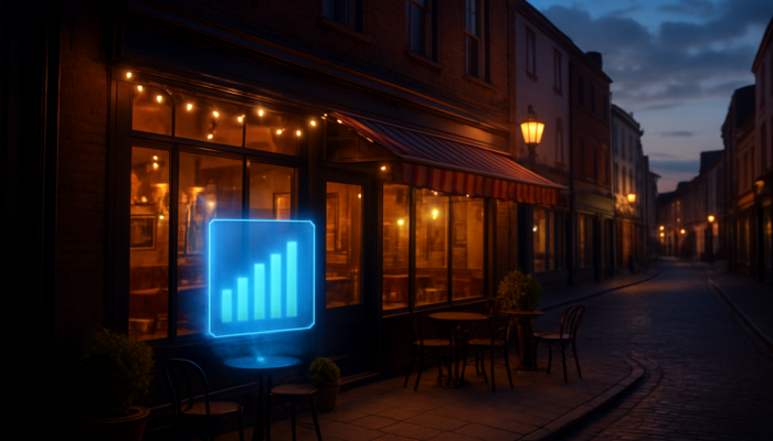 Cozy café on Bridgwater high street at dusk, glowing with string lights and holographic screen showing top Google ranking for best coffee.