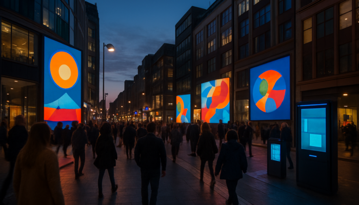 Bustling UK city street at dusk with pedestrians, vibrant LED ads for small businesses, and glowing interactive kiosks.