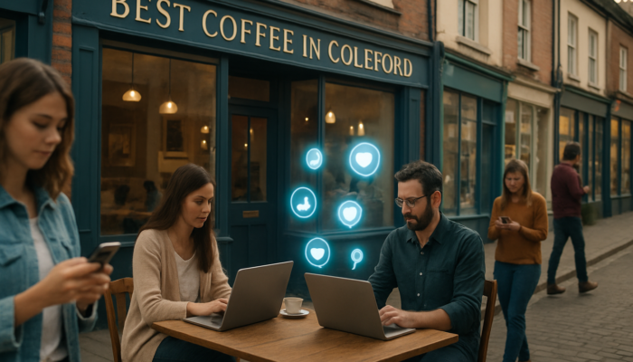 Bustling Coleford street scene: quaint café with "Best Coffee" sign, owners optimizing SEO on laptops, glowing social media icons.