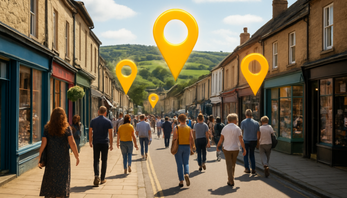 Bustling Warminster high street with small shops, locals, foot traffic and glowing map pins under sunny hills.