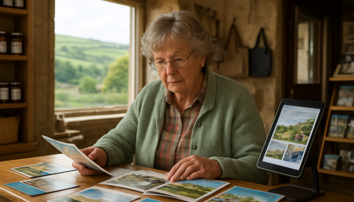 Quaint Somerset shop owner in Midsomer Norton reviewing brochures and screens amid rolling UK hills