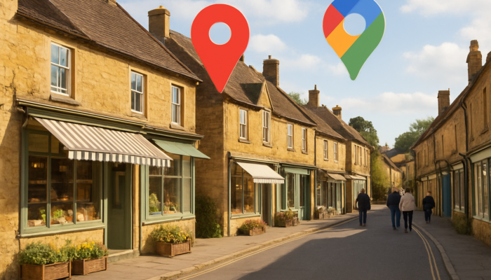 Quaint South Petherton shops glowing under floating Google search icons and map pins on sunny street