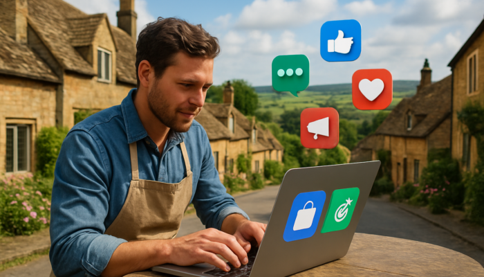 Small business owner in South Petherton using laptop for targeted digital ads with social icons