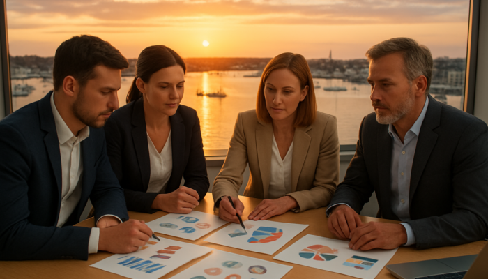 Poole business team strategizing website goals with audience personas and sales charts overlooking harbor at sunset