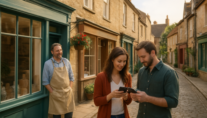 Smiling merchant on charming Seaton street shows mobile-optimized website to customers on smartphones in sunlight