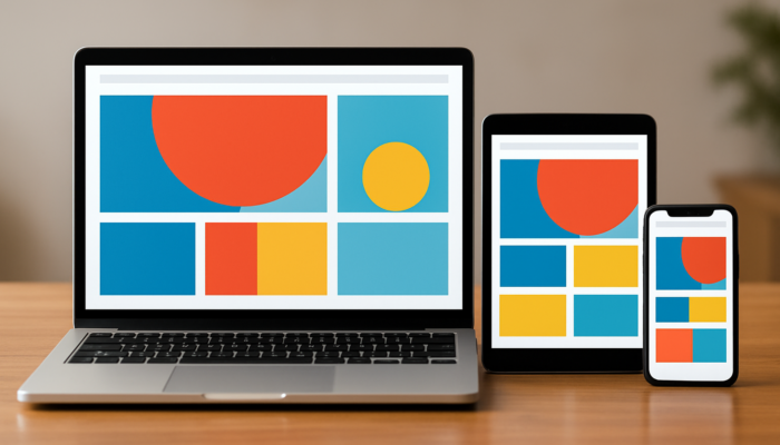 Illustration of responsive website scaling fluidly across laptop, tablet and smartphone screens with flexible grids.