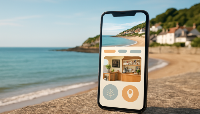 Smartphone displaying vibrant mobile website design for cozy small business in coastal Seaton, Devon