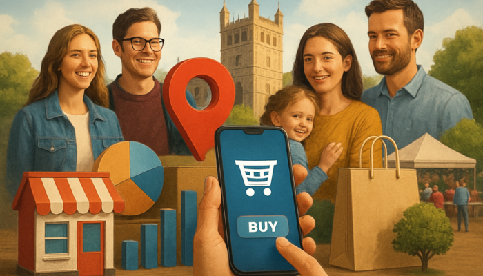 Diverse Exeter residents shopping locally to support small businesses and community events