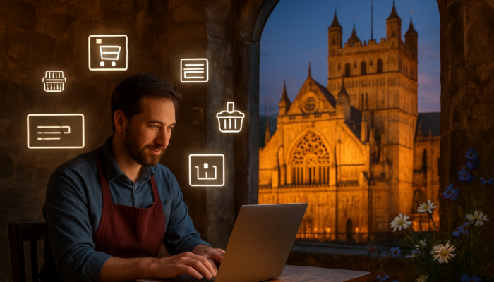 Exeter shop owner at laptop with cathedral view, e-commerce icons and Devon wildflowers