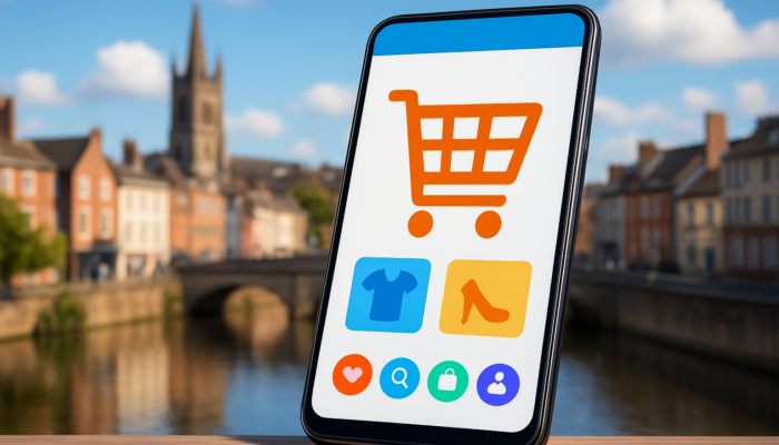Smartphone showing responsive e-commerce store with vibrant icons against Exeter backdrop